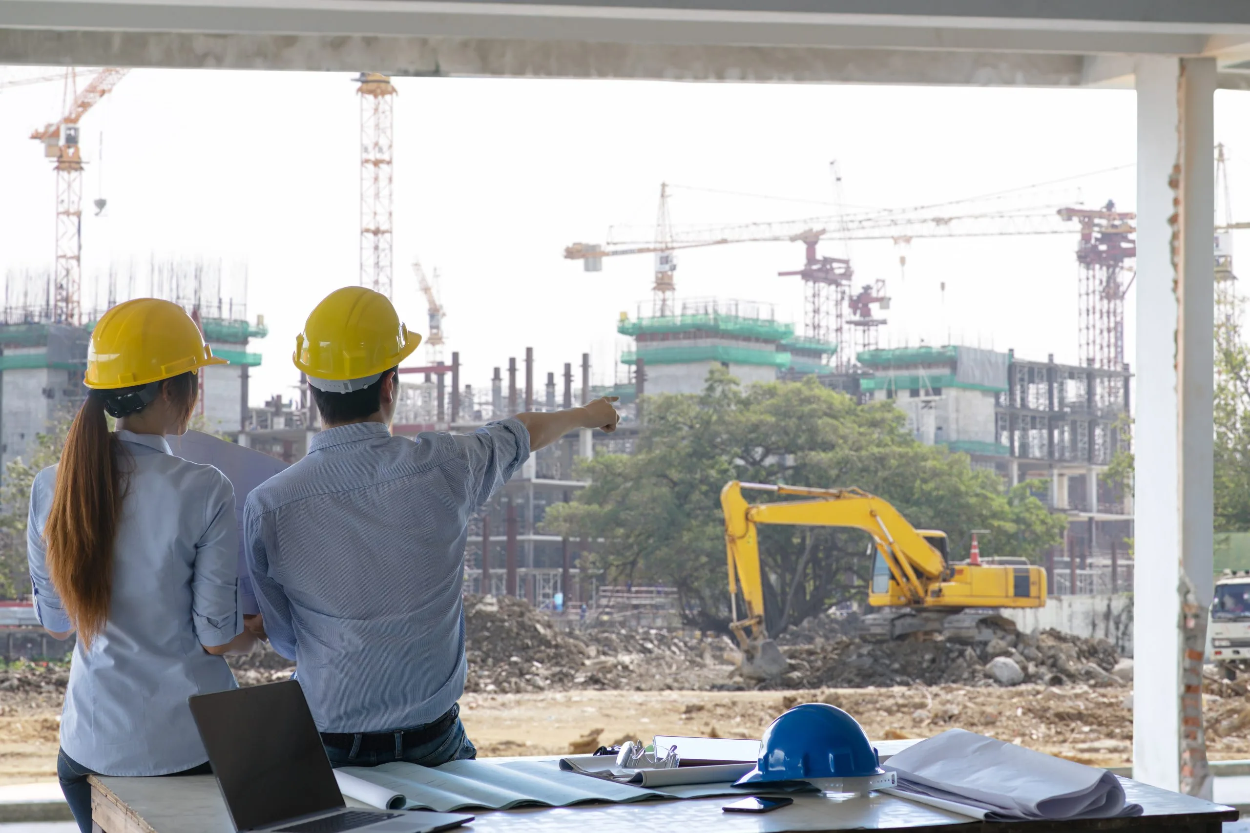 engineer group worker meeting discussion with construction blueprint site work point finger work site scaled 1